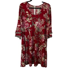Dressing Gaudy Women’s Maroon Floral 3/4 Ruffle Sleeve V-Neck Dress Sz XL GUC